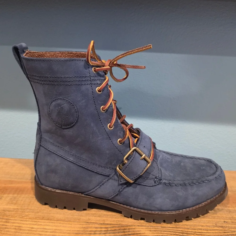 Polo Ralph Lauren Mens Ranger Boots Navy Blue Nubuck Leather Buckle Strap 9.5